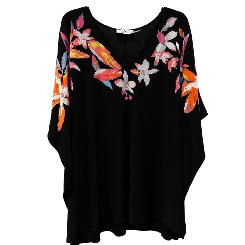 Natori Black V-Neck Top with Pink & Orange Floral Print